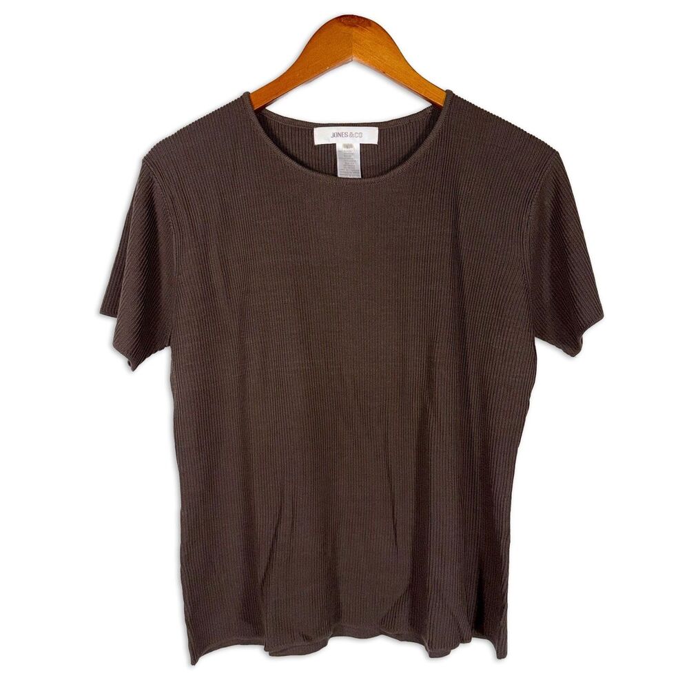 Vintage Jones & Co Brown Ribbed Knit Top Short Sleeve Minimalist 90s Y2K Size L